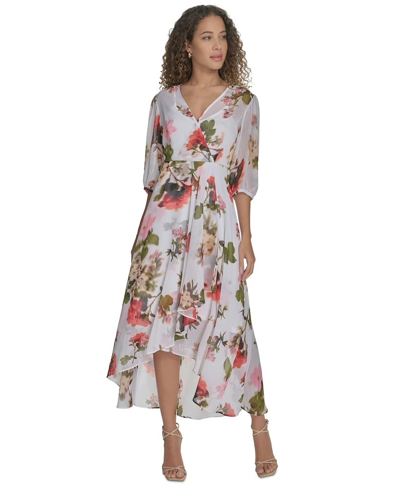 Calvin Klein Women's Floral Chiffon 3/4-Sleeve High-Low Dress