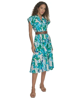 Calvin Klein Petite Floral-Print Belted Midi Dress