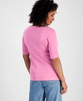 Style & Co Petite Cotton Elbow-Sleeve Boat-Neck Top, Exclusively at Macy's