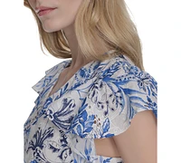 Eliza J Petite Floral Flutter-Sleeve Smocked-Waist Dress