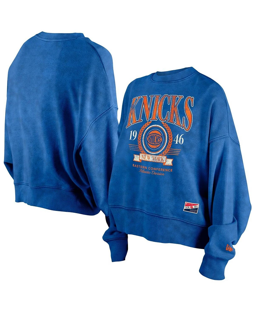 New Era Women's Blue New York Knicks Hardwood Classics Enzyme Wash Oversized Boxy Pullover Sweatshirt