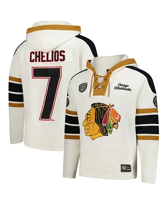 '47 Brand Men's  Chris Chelios Cream Chicago Blackhawks Blue Line Heritage Name Number Lace-Up Pullover Hoodie