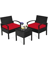 Gymax 3 Piece Outdoor Patio Rattan Conversation Furniture Set Yard w/ Cushions & Coffee Table