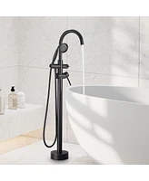 Freestanding Bathtub Faucet Floor Mount Tub Filler Faucet with Handheld Shower Dual Handle Bathtub Faucet Set with Stainless Steel Water Supply Pipe,