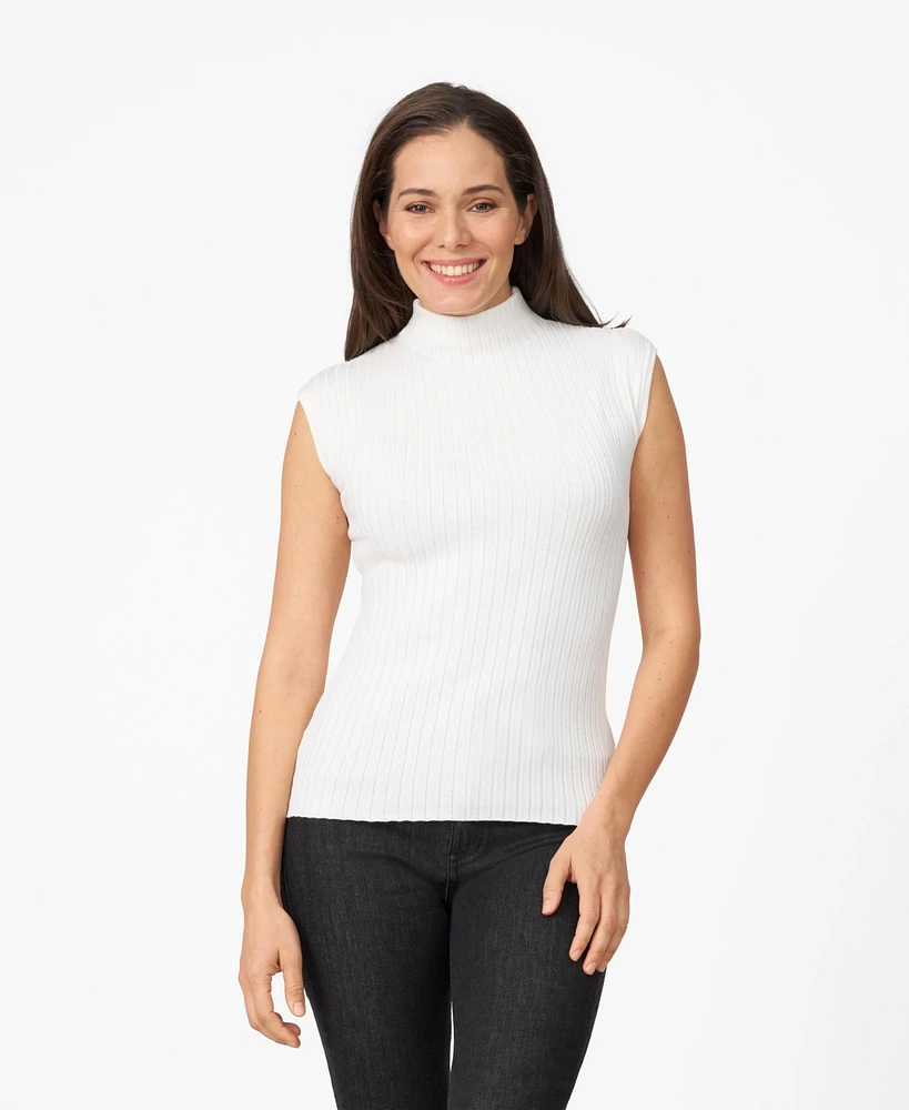 Cable & Gauge Women's Ribbed Mock Neck Cap Sleeve Sweater