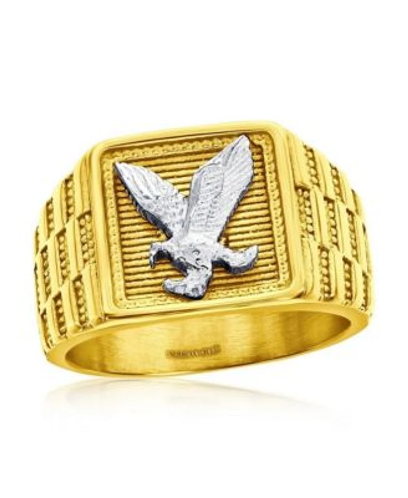 Stainless Steel Square Textured Eagle Design Ring Gold Plated