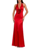 Mac Duggal Women's Fitted Satin Sleeveless Halter Gown With 3D Flower