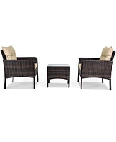 Gymax 3PCS Outdoor Patio Rattan Furniture Set w/ Chairs Coffee Table Cushions