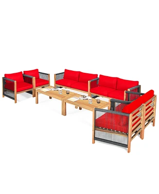 Gymax 8PCS Acacia Wood Outdoor Patio Furniture Conversation Set W/ Cushions