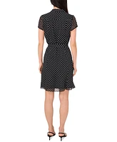 Msk Petite Dot-Print Tie-Waist Split-Neck A-Line Dress