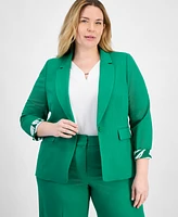 Tahari Asl Plus Printed-Cuff 3/4-Sleeve Linen-Blend Blazer