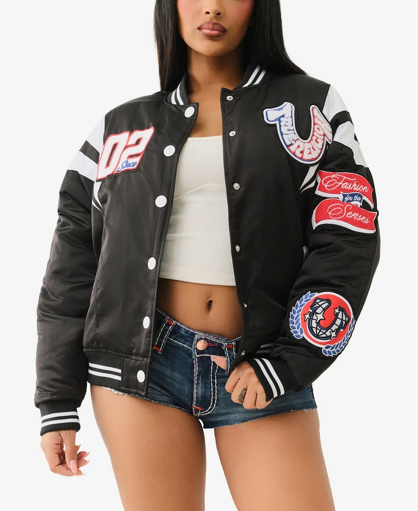 True Religion Women's Satin Oversized Varsity Bomber Jacket