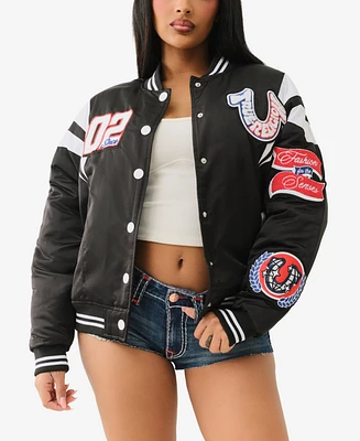True Religion Women's Satin Oversized Varsity Bomber Jacket