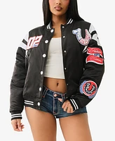True Religion Women's Satin Oversized Varsity Bomber Jacket