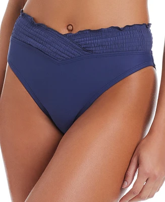 Bar Iii Women's Wave Solids Smocked V-Waist High-Leg Bikini Bottoms, Exclusively at Macy's