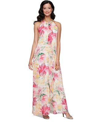 Sl Fashions Women's Floral-Print Beaded Halter Gown