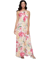 Sl Fashions Women's Floral-Print Beaded Halter Gown