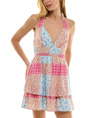 Juniors' Patchwork Halter Mini Dress