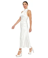 London Times Petite Satin Side-Ruched Cowlneck Midi Dress