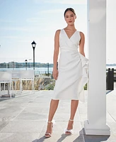 London Times Petite Surplice-Neck Side-Ruffle Midi Dress