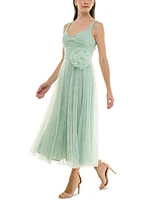 Taylor Women's Flocked Dot Rosette-Trim Midi Dress