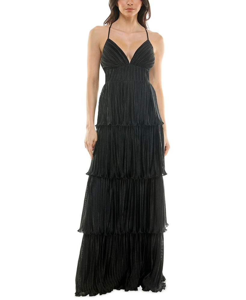 Emerald Sundae Juniors V-Neck Ruffle-Tiered Sleeveless Gown