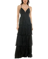 Emerald Sundae Juniors V-Neck Ruffle-Tiered Sleeveless Gown