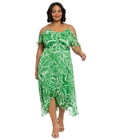 London Times Plus Printed Cold-Shoulder Ruffle Dress
