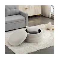 Round Velvet Storage Ottoman, 24" Upholstered Footstool, Makeup Stool, Bedroom Bench, Living Room Accent Seat-The Pop Home