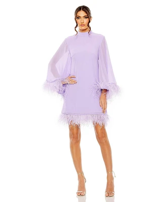 Mac Duggal Women's High Neck Cape Sleeve Mini Dress with Feather Trim