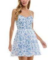 Juniors' Floral Pleated Tulle Fit & Flare Dress