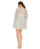 Mac Duggal Women's Floral Print Long Flare Sleeve Mesh A-Line Dress