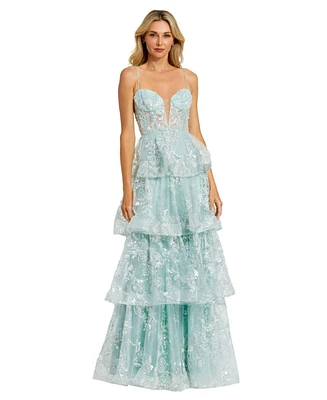 Mac Duggal Women's Spaghetti Strap Applique Tiered Ruffle Gown