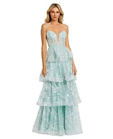 Mac Duggal Women's Spaghetti Strap Applique Tiered Ruffle Gown
