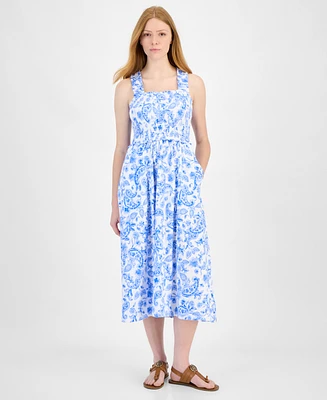 Tommy Hilfiger Women's Cotton Paisley-Print Smocked-Back Midi Dress