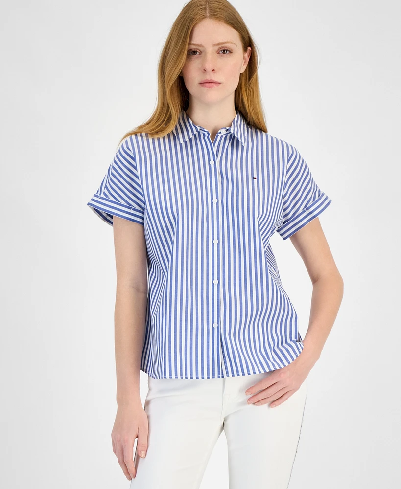 Tommy Hilfiger Women's Cotton Striped Cuffed-Sleeve Shirt