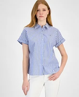 Tommy Hilfiger Women's Cotton Striped Cuffed-Sleeve Shirt