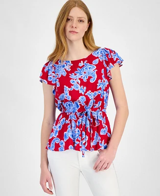 Tommy Hilfiger Women's Printed Ruffled-Sleeve Peplum Top