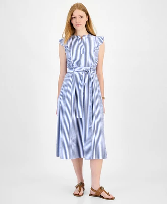 Tommy Hilfiger Women's Cotton Striped Ruffled Midi Dress