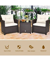 Gymax 3PCS Patio Outdoor Rattan Conversation Set Garden Yard w/ Cushions Coffee Table