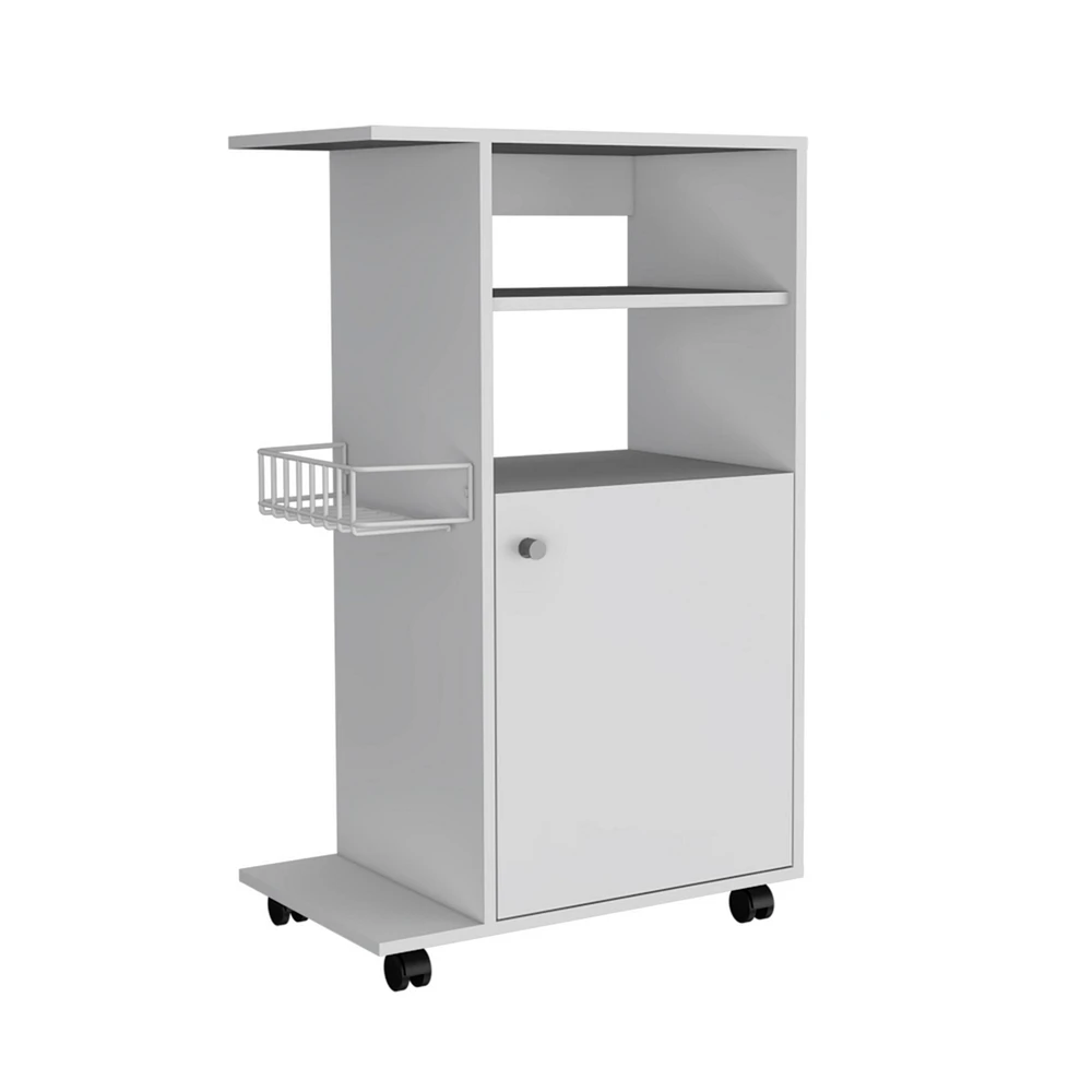 White Mdf Wood Kitchen Cart with Single Door Cabinet and Four Casters