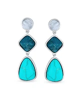 Bling Jewelry Boho Geometric Dangle Earrings Pink Quartz & Blue Turquoise Silver Plated