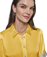 Karl Lagerfeld Paris Women's Satin Rhinestone-Cuff Button-Front Top