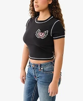 True Religion Women's Ss Contrast Stitch Wing Baby Crewneck T-Shirt
