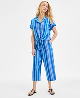 Charter Club Women's Striped 100% Linen Tie-Front Top, Exclusively at Macy's