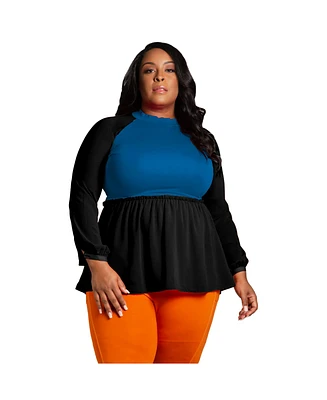 Poetic Justice Plus Mock Neck Lantern Sleeve Two Tone Peplum Tunic