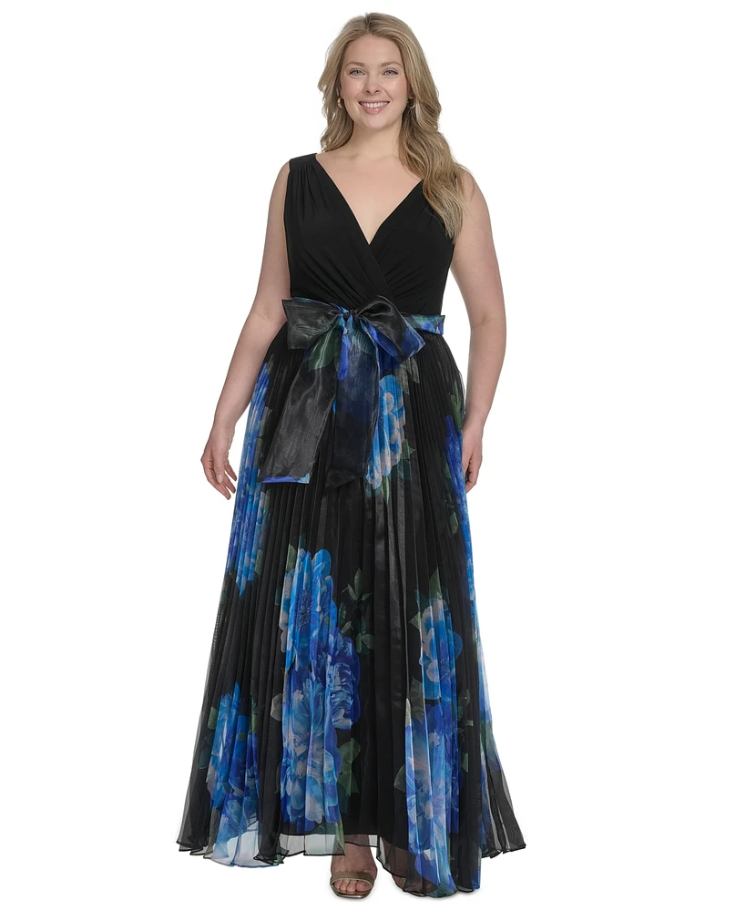 Eliza J Plus V-Neck Printed Pleated Organza Gown