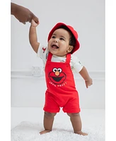 Sesame Street Try Baby Boys Elmo French Terry Short Overalls T-Shirt and Hat 3 Piece Outfit Set Newborn to