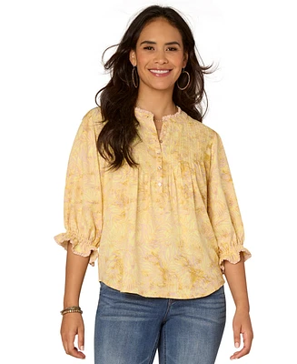 Democracy Petite Printed Lantern-Sleeve Pintuck Top