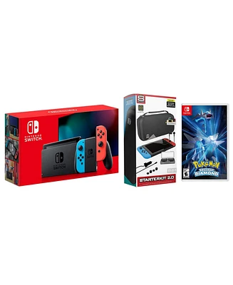 Nintendo Switch 32GB Console Neon Red/Blue Joy-Con Bundle with Surge 11-In-1 Accessory Starter Pack and Pokemon Brilliant Diamond